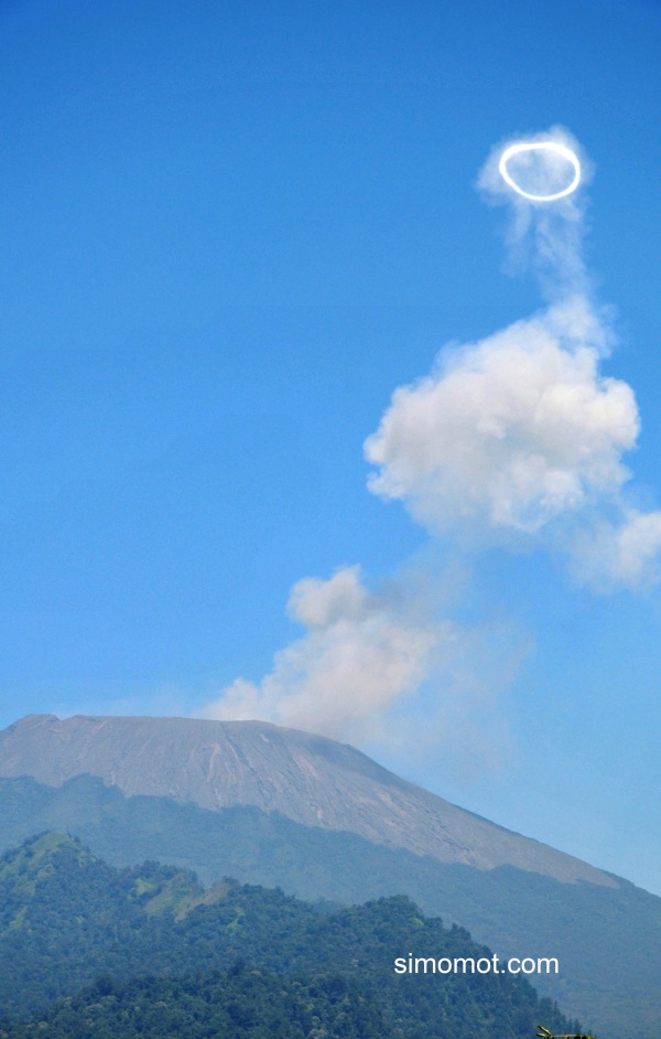 Gunung Slamet mengeluarkan asap berbentuk cincin terlihat dari Desa Tuwel, Kabupaten Tegal, Jateng, Kamis (11/9). Fenomena asap berbentuk cincin itu disertai dentuman keras terjadi setiap sekitar limabelas menit. ANTARA FOTO/Oky Lukmansyah