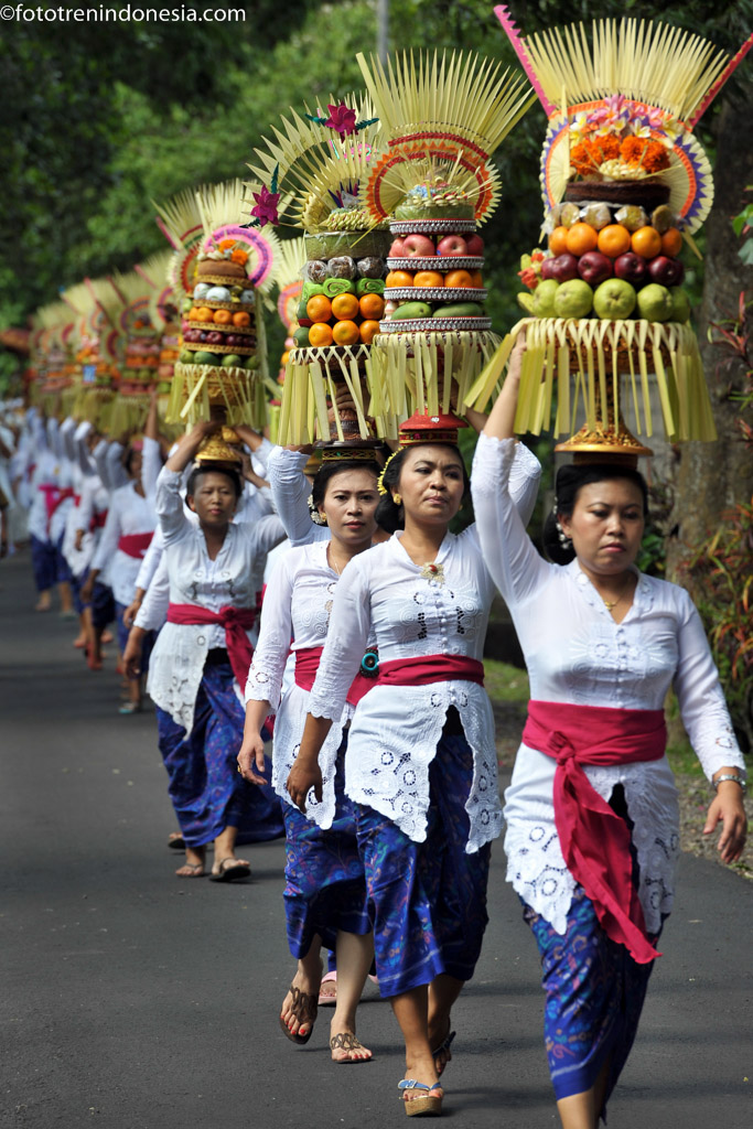 Sejumlah wanita  Bali  menjunjung Gebogan atau sesajen 